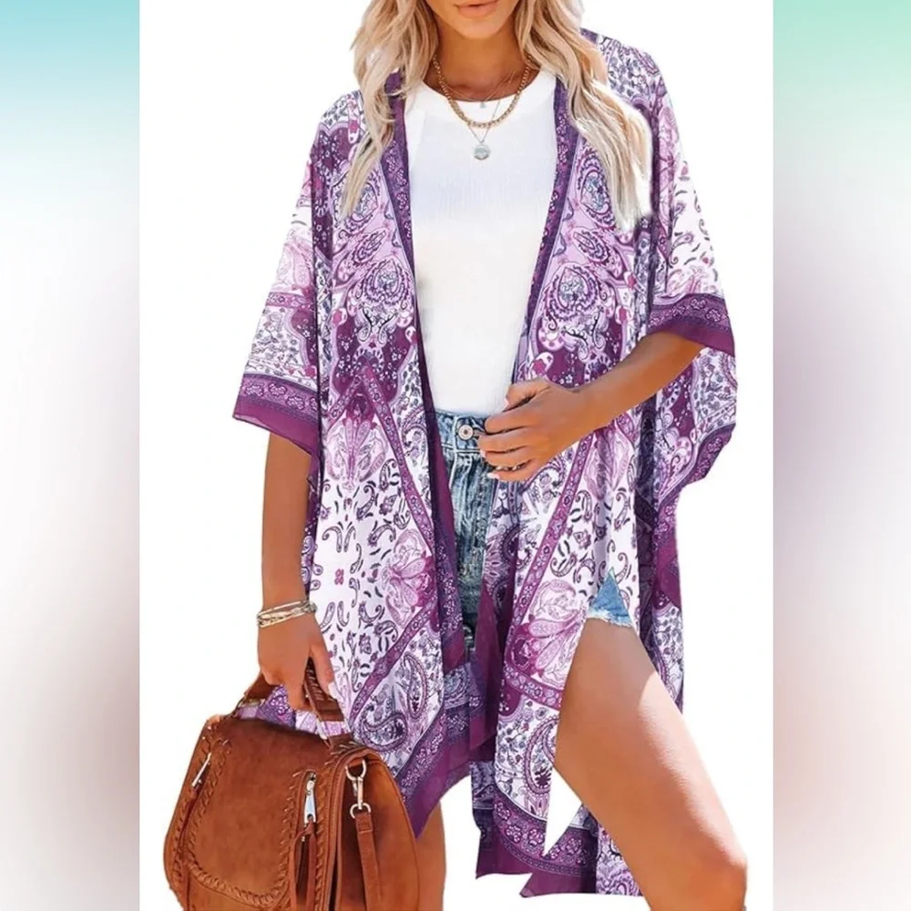 Purple Paisley Kimono Cover-up Cardigan - Picture 1 of 6